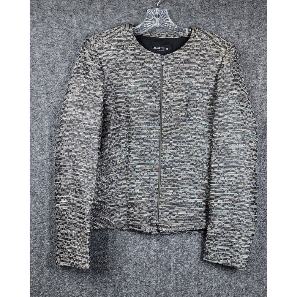 Lafayette 148 New York Jacket Womens 12 Black Silver Tweed Zip Front Collarless